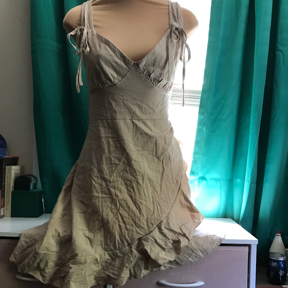 Beige Tie Strap Mini Dress | Flowy Ruffle Hem | Feminine Summer Dress